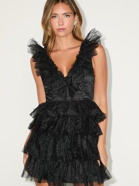 Lulus Striking Sensation Black Tulle Tiered Ruffled Mini Dress - Size M